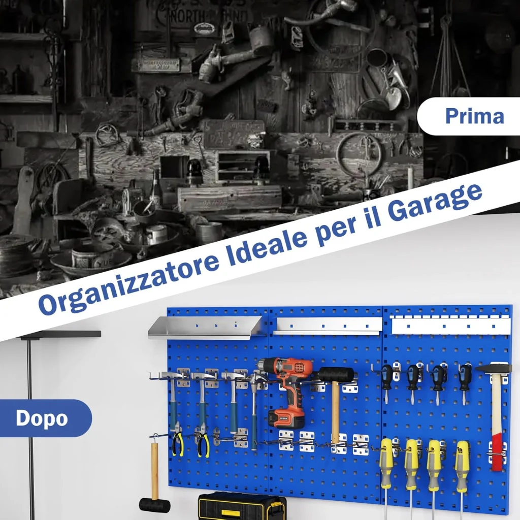 Kit 3 Pannelli Porta Attrezzi da Parete 60 x 40 cm, Pannello Forato Portaoggetti con 24 Ganci e Supporti, Pannello Portautensili per Officina e Garage (Blu) - Image 3