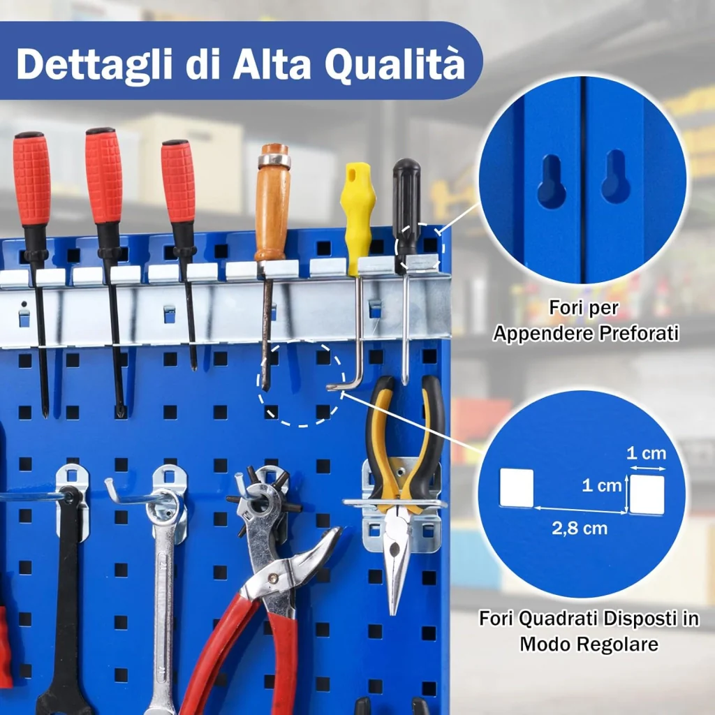 Kit 3 Pannelli Porta Attrezzi da Parete 60 x 40 cm, Pannello Forato Portaoggetti con 24 Ganci e Supporti, Pannello Portautensili per Officina e Garage (Blu) - Image 4