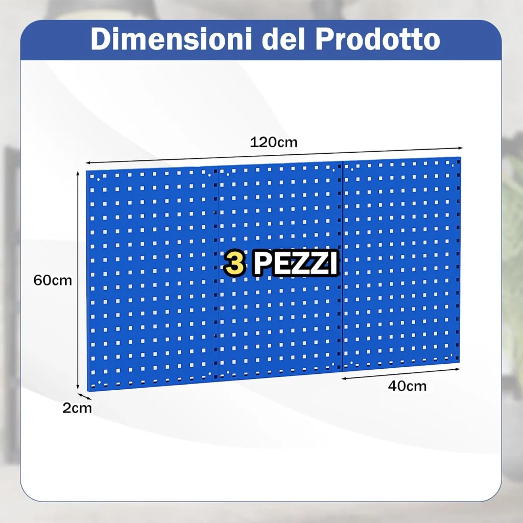 Kit 3 Pannelli Porta Attrezzi da Parete 60 x 40 cm, Pannello Forato Portaoggetti con 24 Ganci e Supporti, Pannello Portautensili per Officina e Garage (Blu) - Image 5