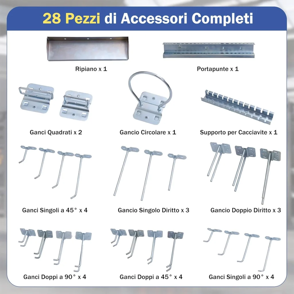 Kit 3 Pannelli Porta Attrezzi da Parete 60 x 40 cm, Pannello Forato Portaoggetti con 24 Ganci e Supporti, Pannello Portautensili per Officina e Garage (Blu) - Image 6