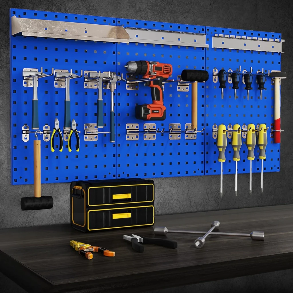 Kit 3 Pannelli Porta Attrezzi da Parete 60 x 40 cm, Pannello Forato Portaoggetti con 24 Ganci e Supporti, Pannello Portautensili per Officina e Garage (Blu) - Image 7