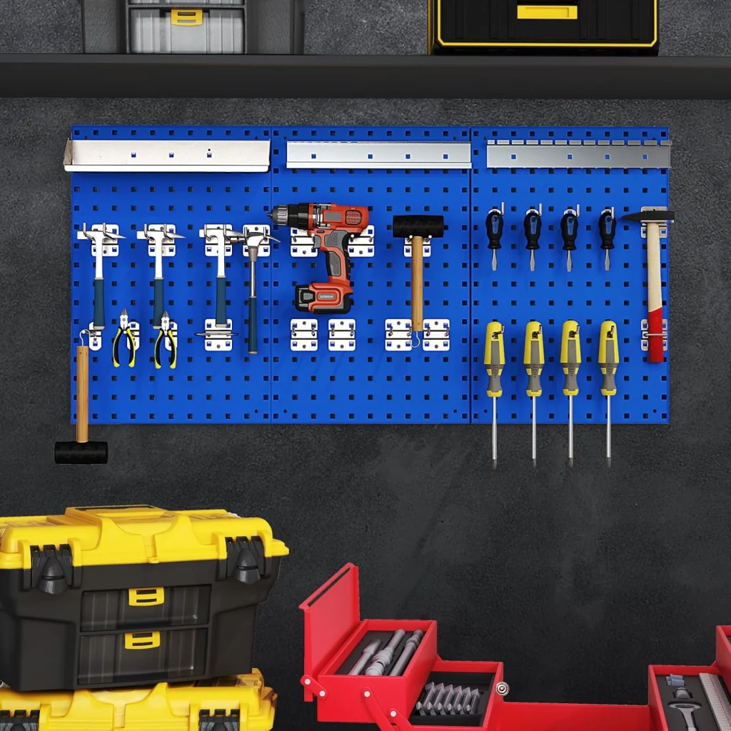 Kit 3 Pannelli Porta Attrezzi da Parete 60 x 40 cm, Pannello Forato Portaoggetti con 24 Ganci e Supporti, Pannello Portautensili per Officina e Garage (Blu) - Image 8