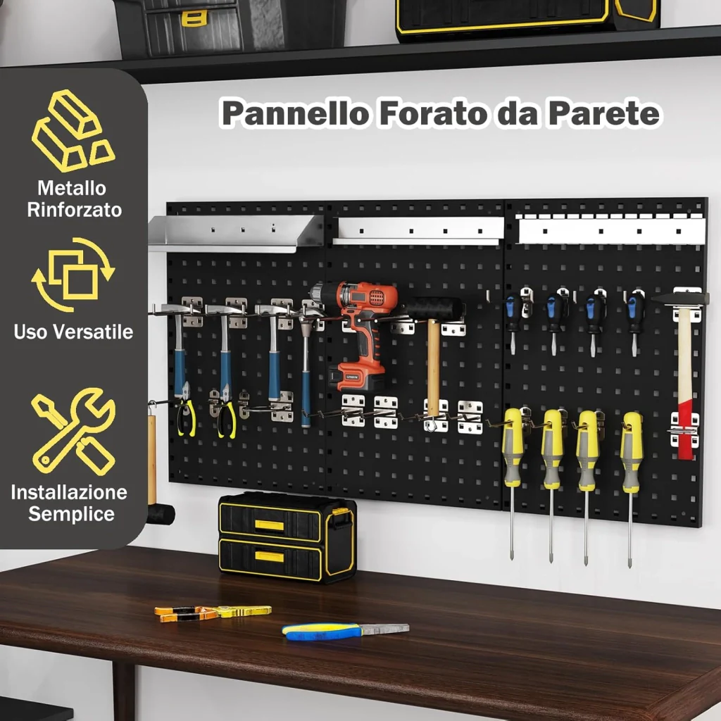 Kit 3 Pannelli Porta Attrezzi da Parete 60 x 40 cm, Pannello Forato Portaoggetti con 24 Ganci e Supporti, Pannello Portautensili per Officina e Garage (Nero) - Image 2