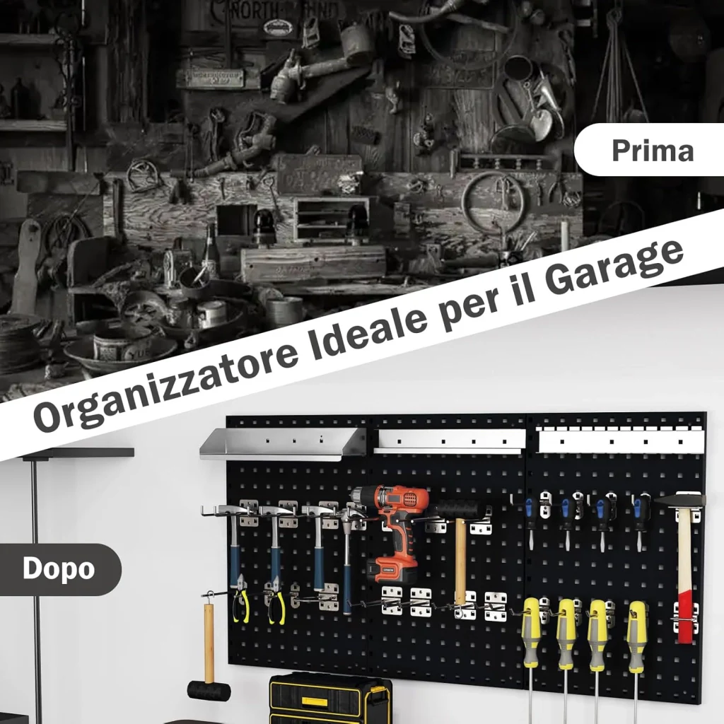 Kit 3 Pannelli Porta Attrezzi da Parete 60 x 40 cm, Pannello Forato Portaoggetti con 24 Ganci e Supporti, Pannello Portautensili per Officina e Garage (Nero) - Image 3