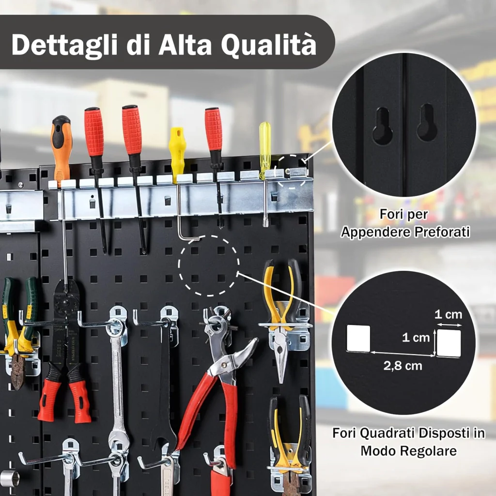 Kit 3 Pannelli Porta Attrezzi da Parete 60 x 40 cm, Pannello Forato Portaoggetti con 24 Ganci e Supporti, Pannello Portautensili per Officina e Garage (Nero) - Image 4
