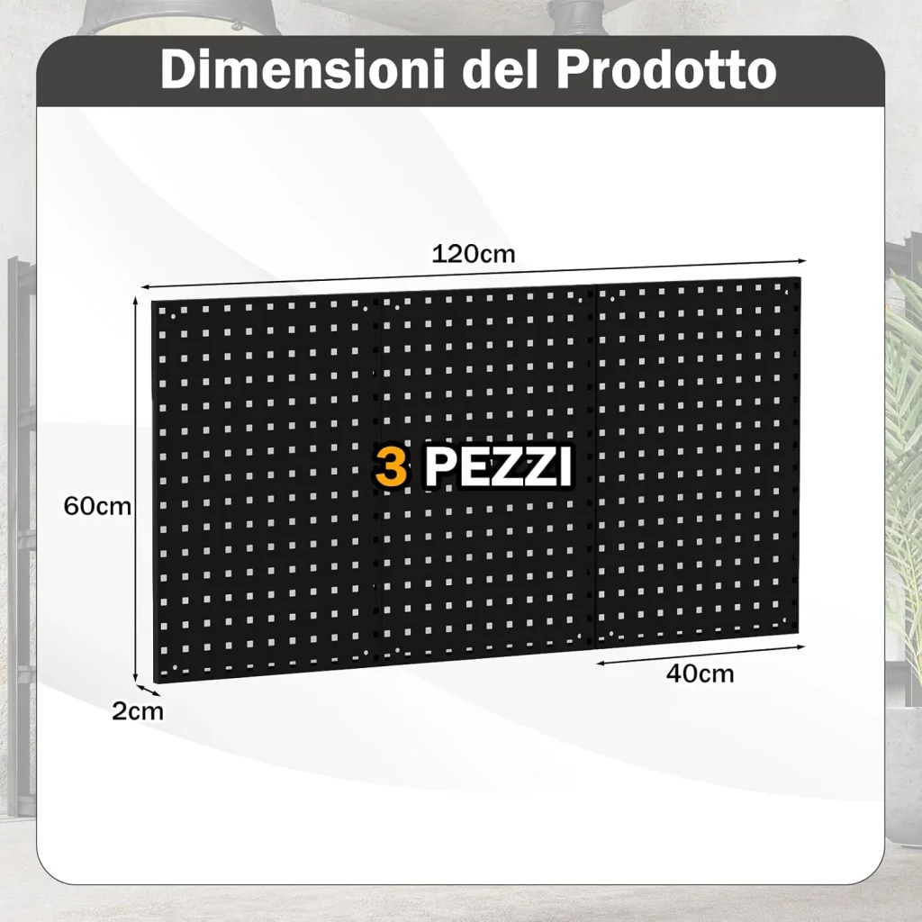 Kit 3 Pannelli Porta Attrezzi da Parete 60 x 40 cm, Pannello Forato Portaoggetti con 24 Ganci e Supporti, Pannello Portautensili per Officina e Garage (Nero) - Image 5
