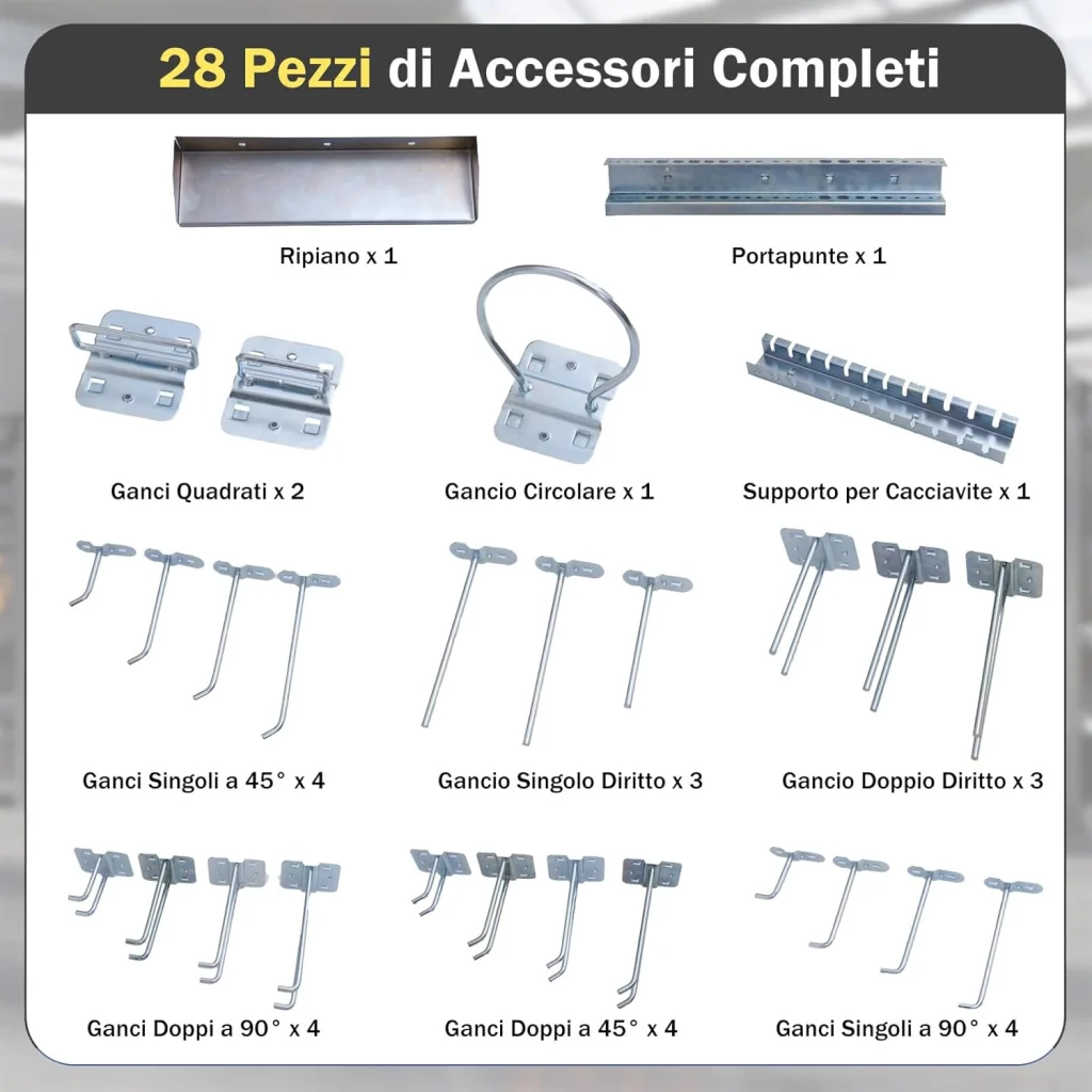 Kit 3 Pannelli Porta Attrezzi da Parete 60 x 40 cm, Pannello Forato Portaoggetti con 24 Ganci e Supporti, Pannello Portautensili per Officina e Garage (Nero) - Image 6