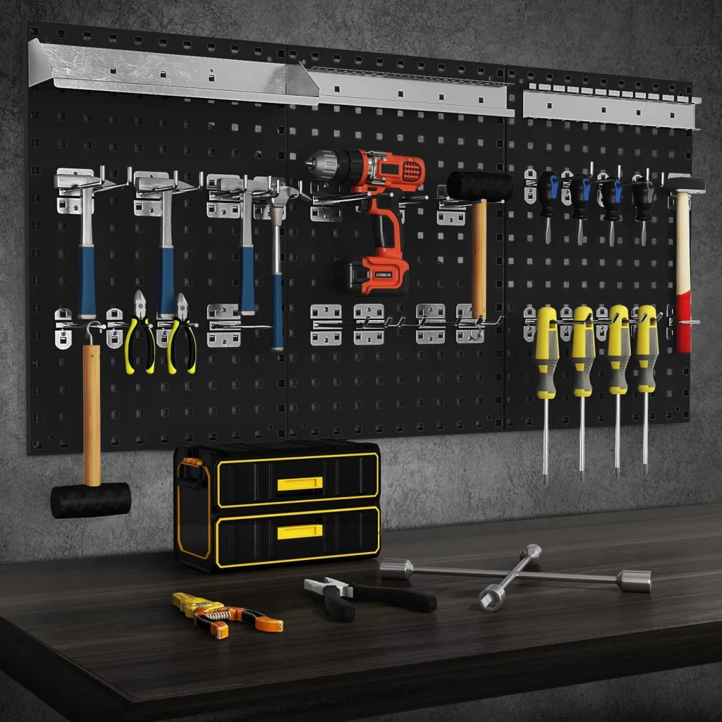 Kit 3 Pannelli Porta Attrezzi da Parete 60 x 40 cm, Pannello Forato Portaoggetti con 24 Ganci e Supporti, Pannello Portautensili per Officina e Garage (Nero) - Image 7