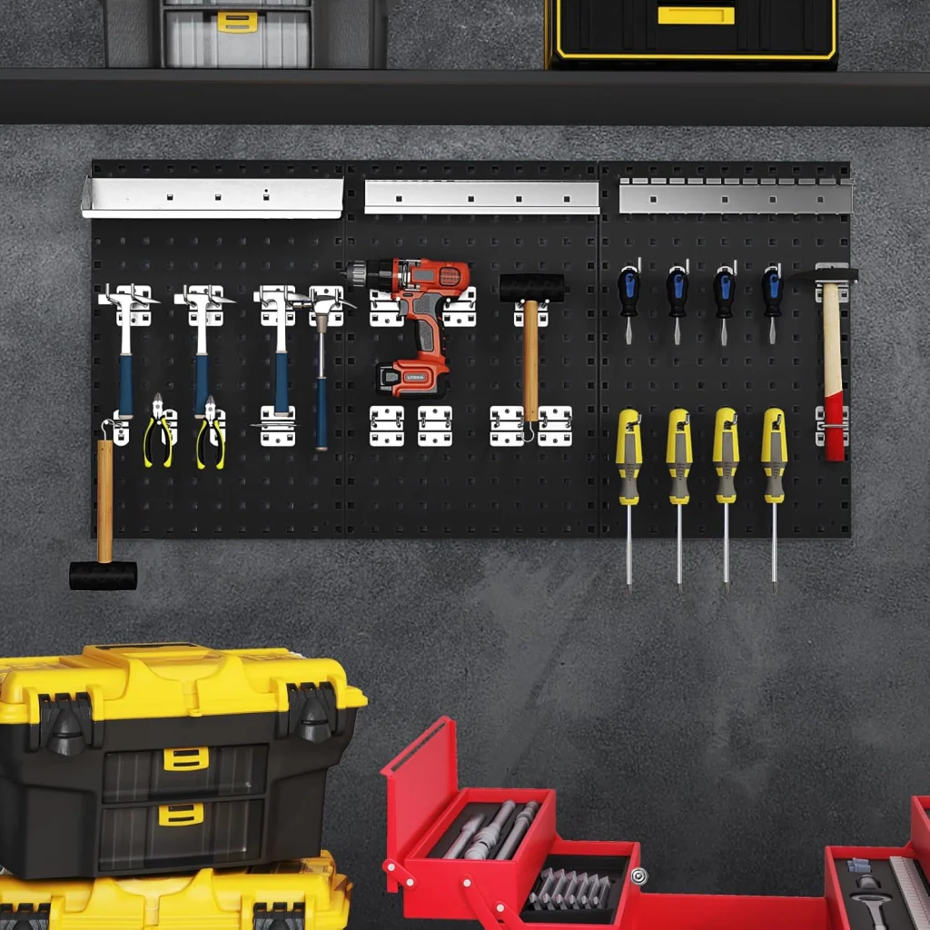 Kit 3 Pannelli Porta Attrezzi da Parete 60 x 40 cm, Pannello Forato Portaoggetti con 24 Ganci e Supporti, Pannello Portautensili per Officina e Garage (Nero) - Image 8