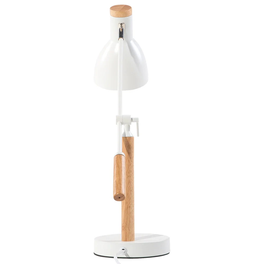 Lampada da Tavolo in Metallo Bianco 50H cm Legno Chiaro Braccio della Gru Paralume Orientabile Moderno - Image 5