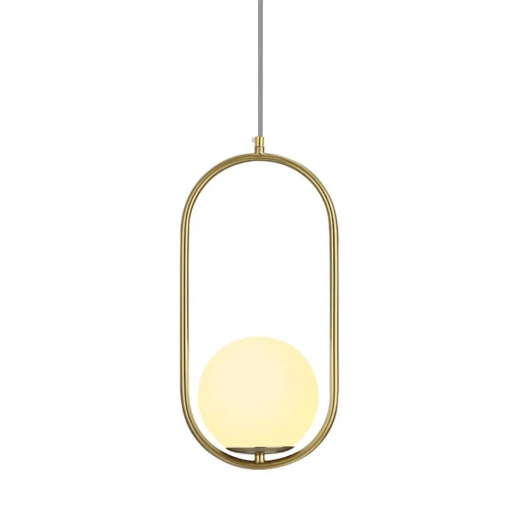 Lampadario a sospensione da soffitto in alluminio color oro bronzo con sfera e attacco per lampadine G9