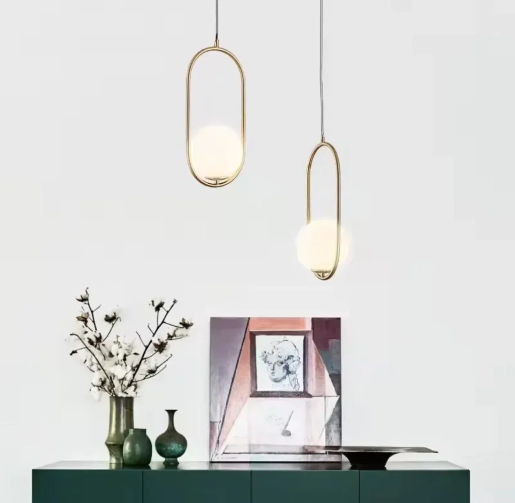 Lampadario a sospensione da soffitto in alluminio color oro bronzo con sfera e attacco per lampadine G9 - Image 3