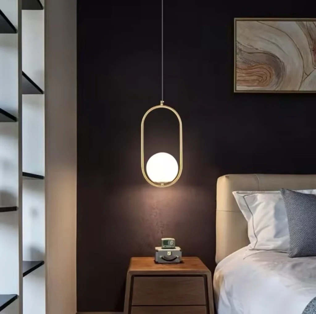 Lampadario a sospensione da soffitto in alluminio color oro bronzo con sfera e attacco per lampadine G9 - Image 5