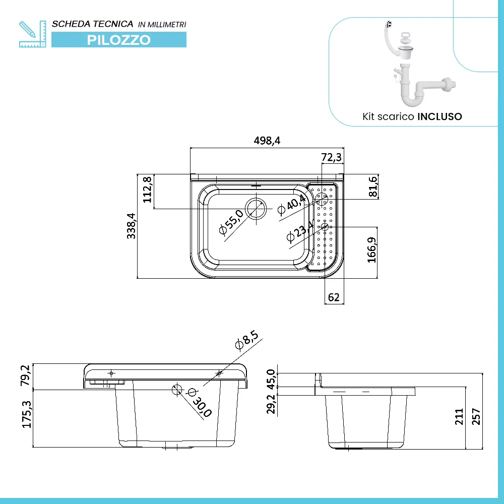 Lavatoio in resina 50x34 bianco con miscelatore a canna alta inox e scarico incluso - Image 2