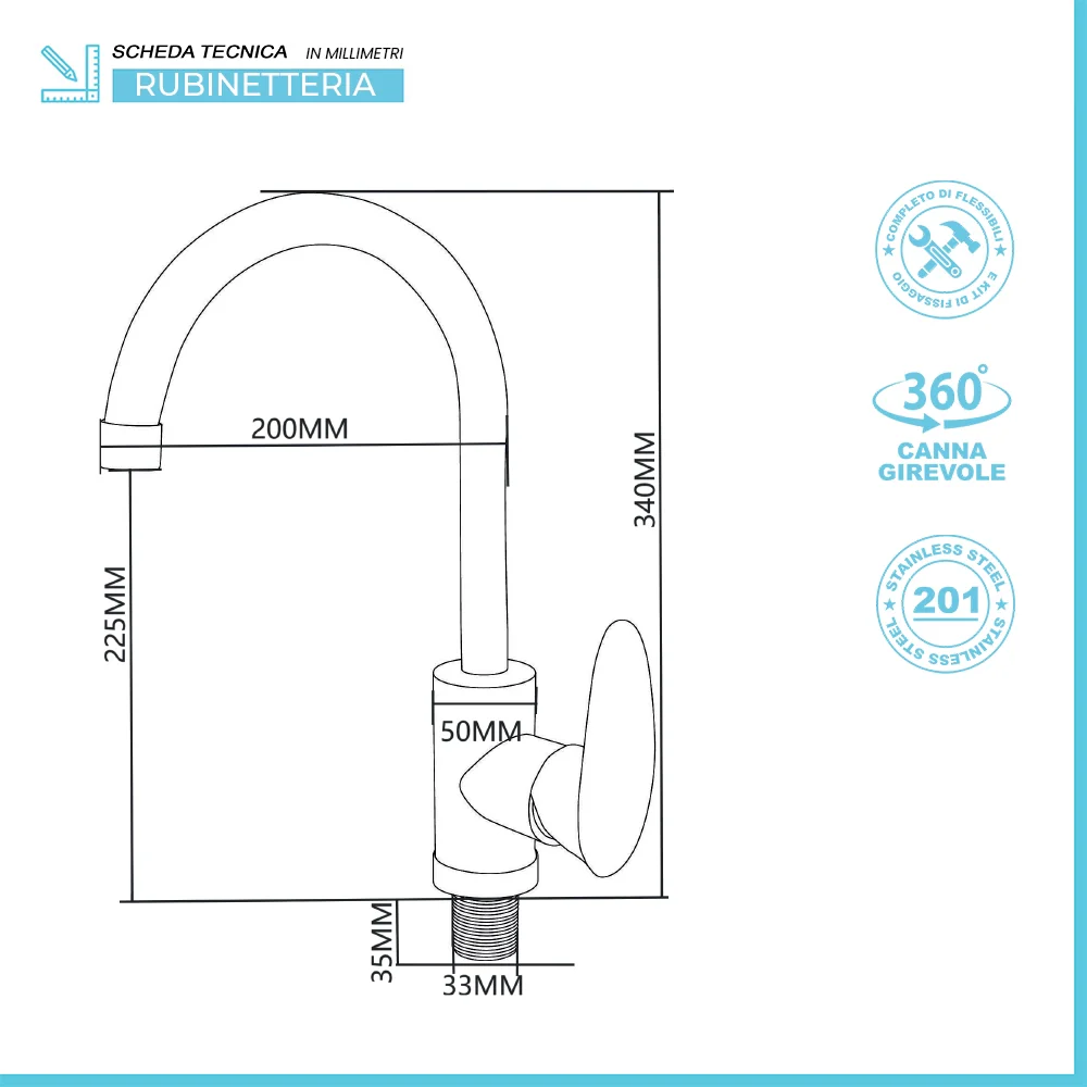 Lavatoio in resina 50x34 bianco con miscelatore a canna alta inox e scarico incluso - Image 3