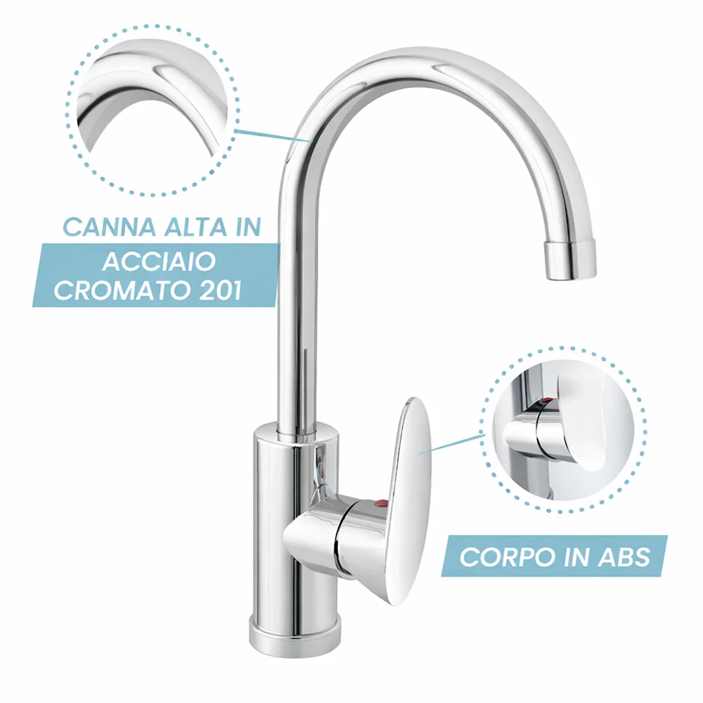 Lavatoio in resina 50x34 bianco con miscelatore a canna alta inox e scarico incluso - Image 4