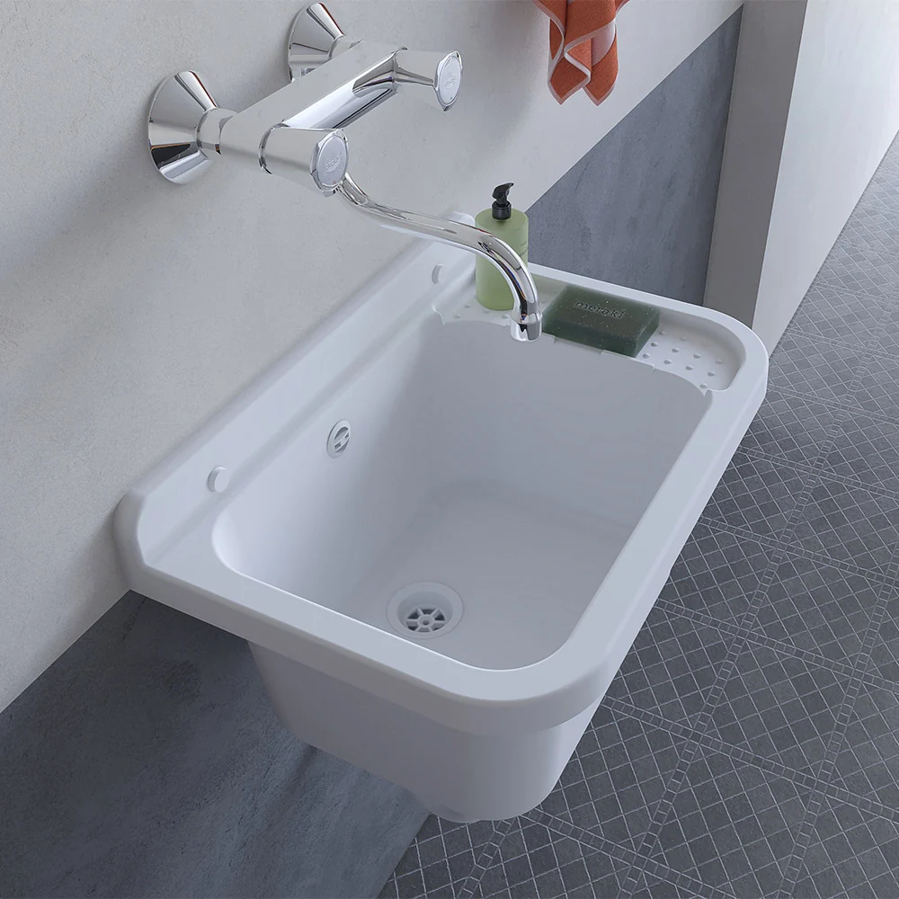 Lavatoio in resina 50x34 bianco con miscelatore a canna alta inox e scarico incluso - Image 6
