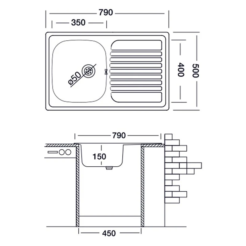 Lavello cucina vasca acciaio inox da incasso gocciolatoio dx 50x79 cm(N273DX35) EFFEZ - Image 3
