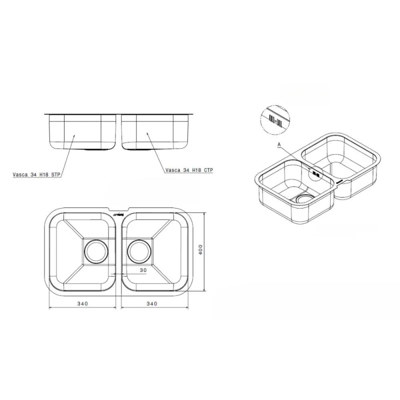 Lavello Smeg UM3434 sottotop 76x45 cm 2 vasche inox - Image 3