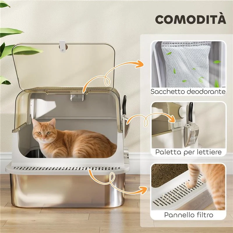 LETTIERA PER GATTI CHIUSA XXL IN ACCIAIO INOX, COPERCHIO APRIBILE A 90¦ E DOPPIE PORTE, 70X50X46.5 CM, GRIGIO - Image 3
