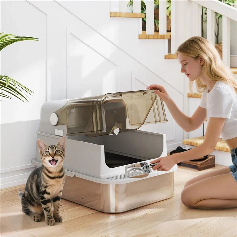 LETTIERA PER GATTI CHIUSA XXL IN ACCIAIO INOX, COPERCHIO APRIBILE A 90¦ E DOPPIE PORTE, 70X50X46.5 CM, GRIGIO - Image 4