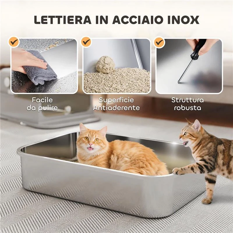 LETTIERA PER GATTI CHIUSA XXL IN ACCIAIO INOX, COPERCHIO APRIBILE A 90¦ E DOPPIE PORTE, 70X50X46.5 CM, GRIGIO - Image 5