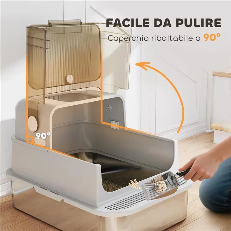 LETTIERA PER GATTI CHIUSA XXL IN ACCIAIO INOX, COPERCHIO APRIBILE A 90¦ E DOPPIE PORTE, 70X50X46.5 CM, GRIGIO - Image 6