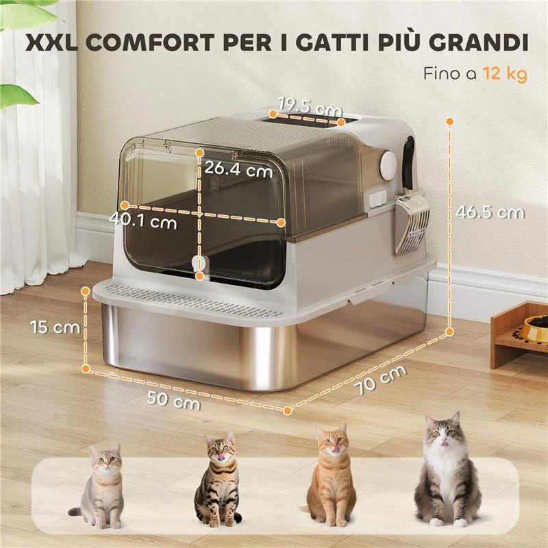 LETTIERA PER GATTI CHIUSA XXL IN ACCIAIO INOX, COPERCHIO APRIBILE A 90¦ E DOPPIE PORTE, 70X50X46.5 CM, GRIGIO - Image 7