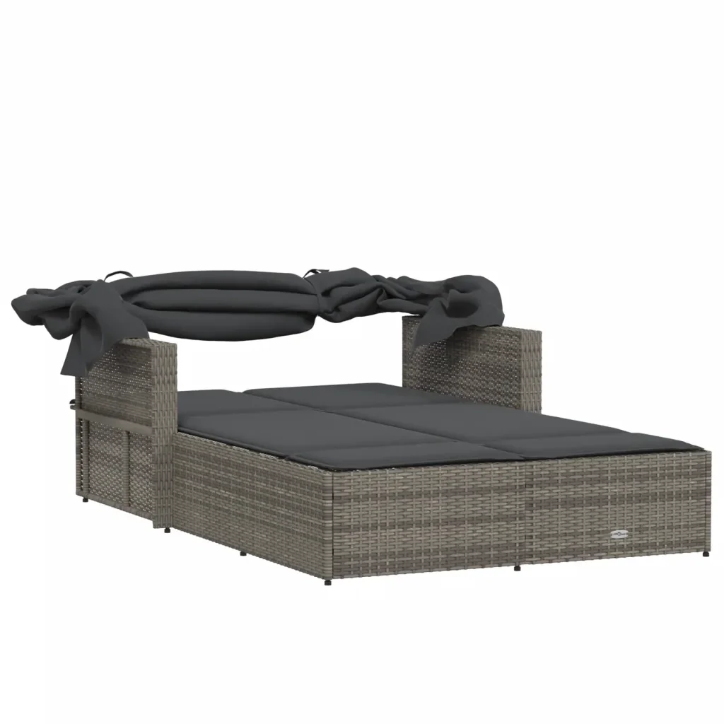 Lettino Doppio con Baldacchino e Cuscini Grigio in Polyrattan 365809 - Image 7
