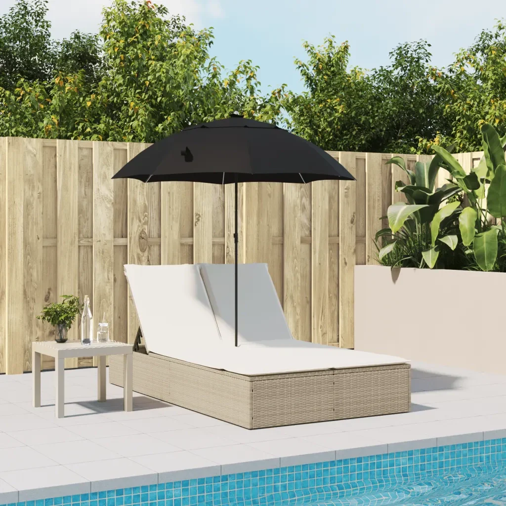 Lettino Prendisole Doppio Cuscini e Parasole Beige Polyrattan - Image 3