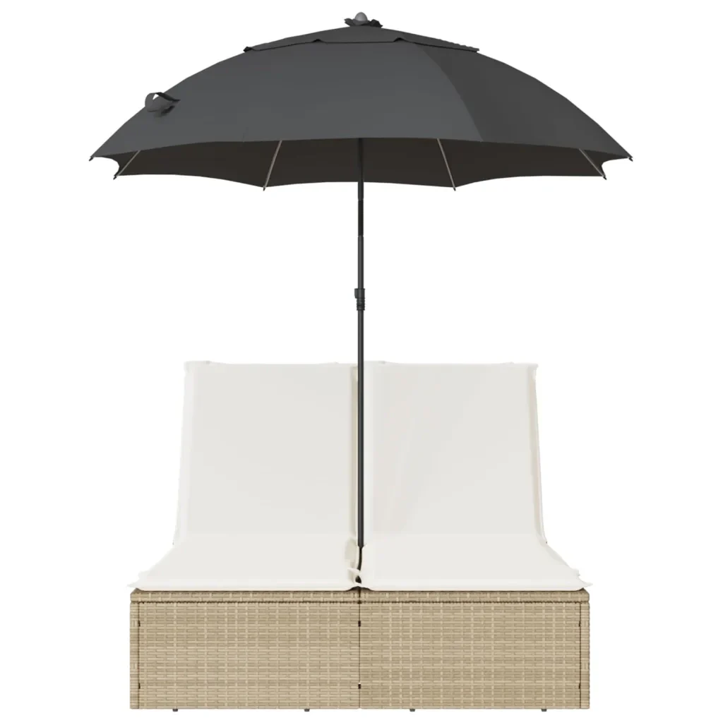 Lettino Prendisole Doppio Cuscini e Parasole Beige Polyrattan - Image 4