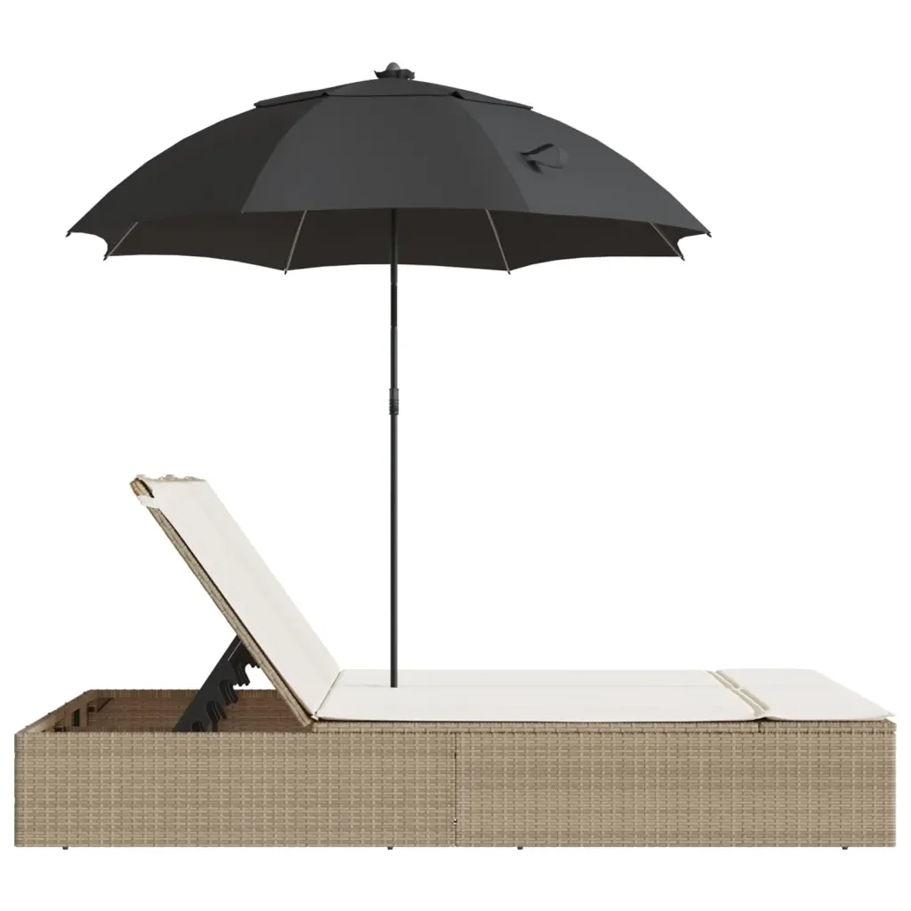 Lettino Prendisole Doppio Cuscini e Parasole Beige Polyrattan - Image 5