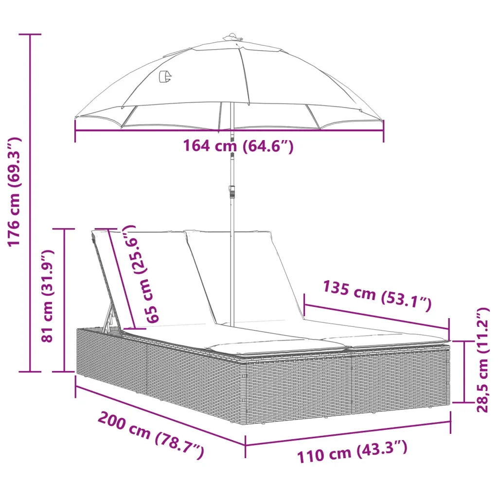 Lettino Prendisole Doppio Cuscini e Parasole Beige Polyrattan - Image 9
