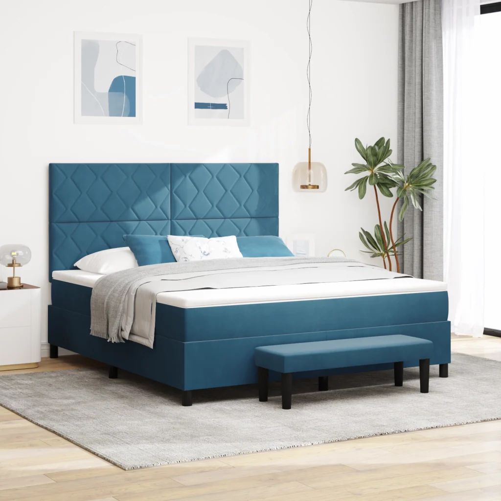 Letto A Balza con Materasso e Panchina Blu Scuro 180x200 cm Velluto