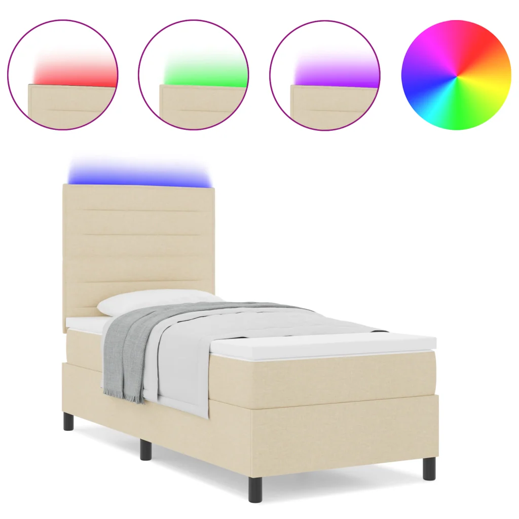 Letto a Molle con Materasso e Luce LED Crema 90x190 cm Tessuto - Image 4