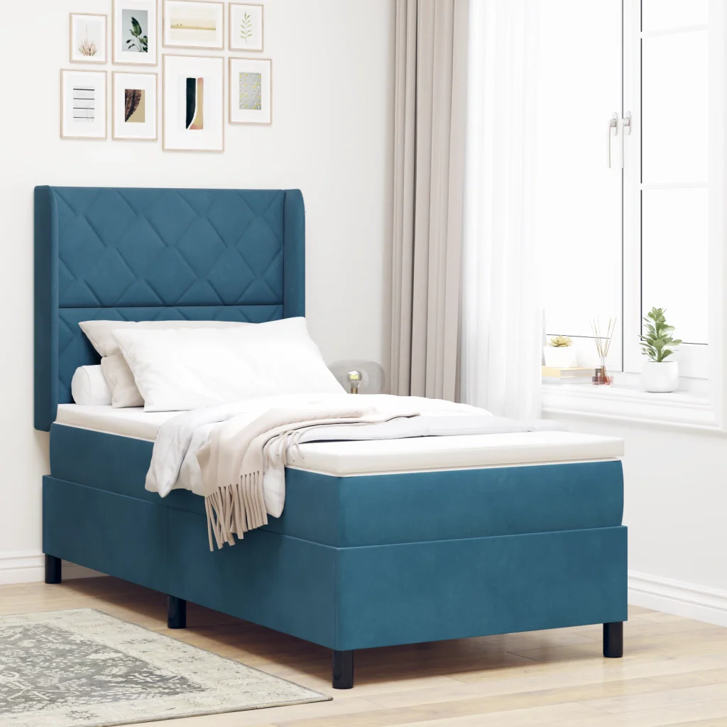 Letto a Molletta con Materasso Blu Scuro 90x190 cm Velluto