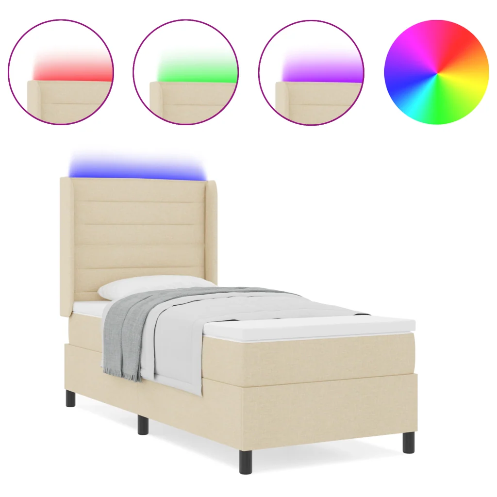 Letto a Rete Box Spring con Materasso e LED Crema 90x190 cm Tessuto - Image 4
