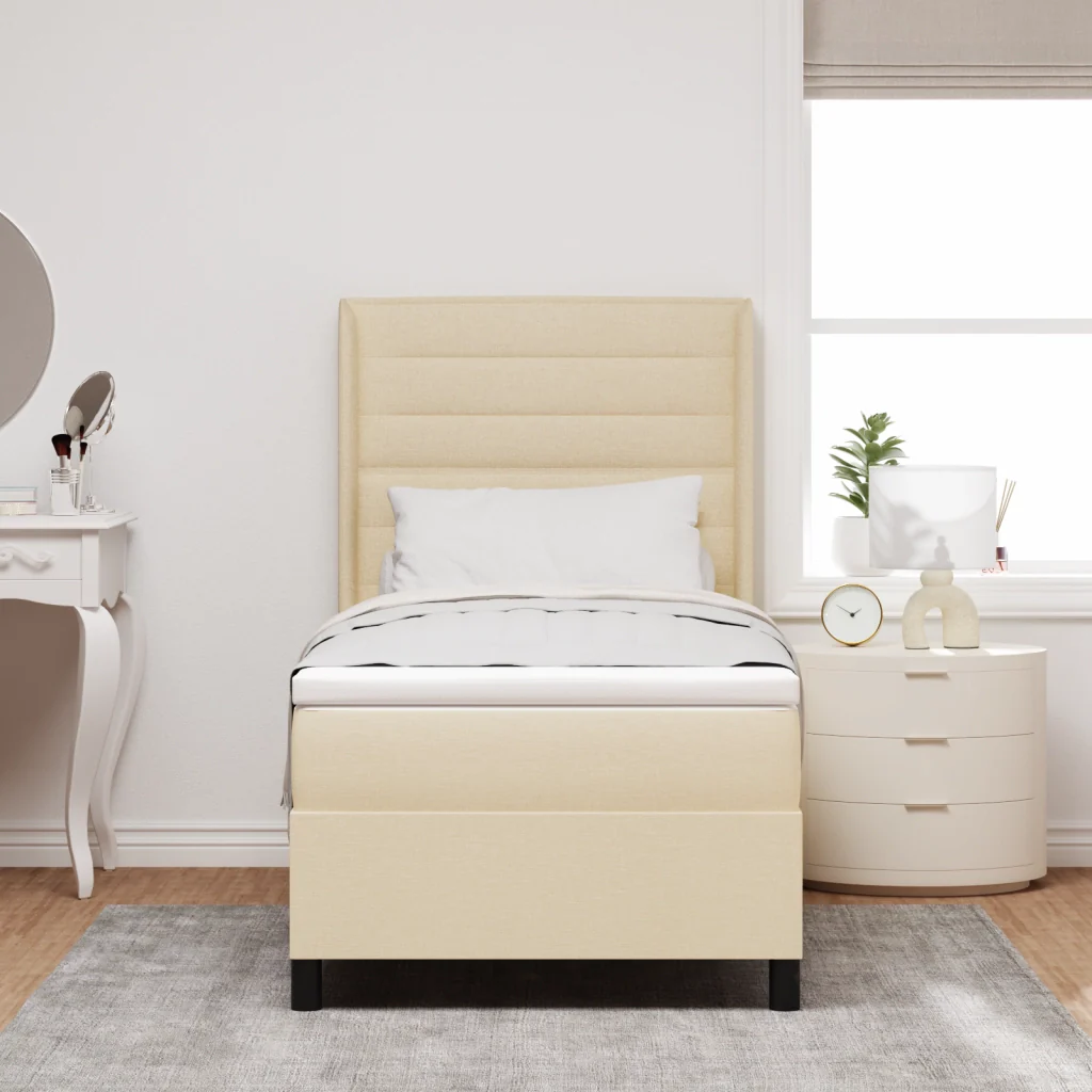 Letto a Rete Box Spring con Materasso e LED Crema 90x190 cm Tessuto - Image 5