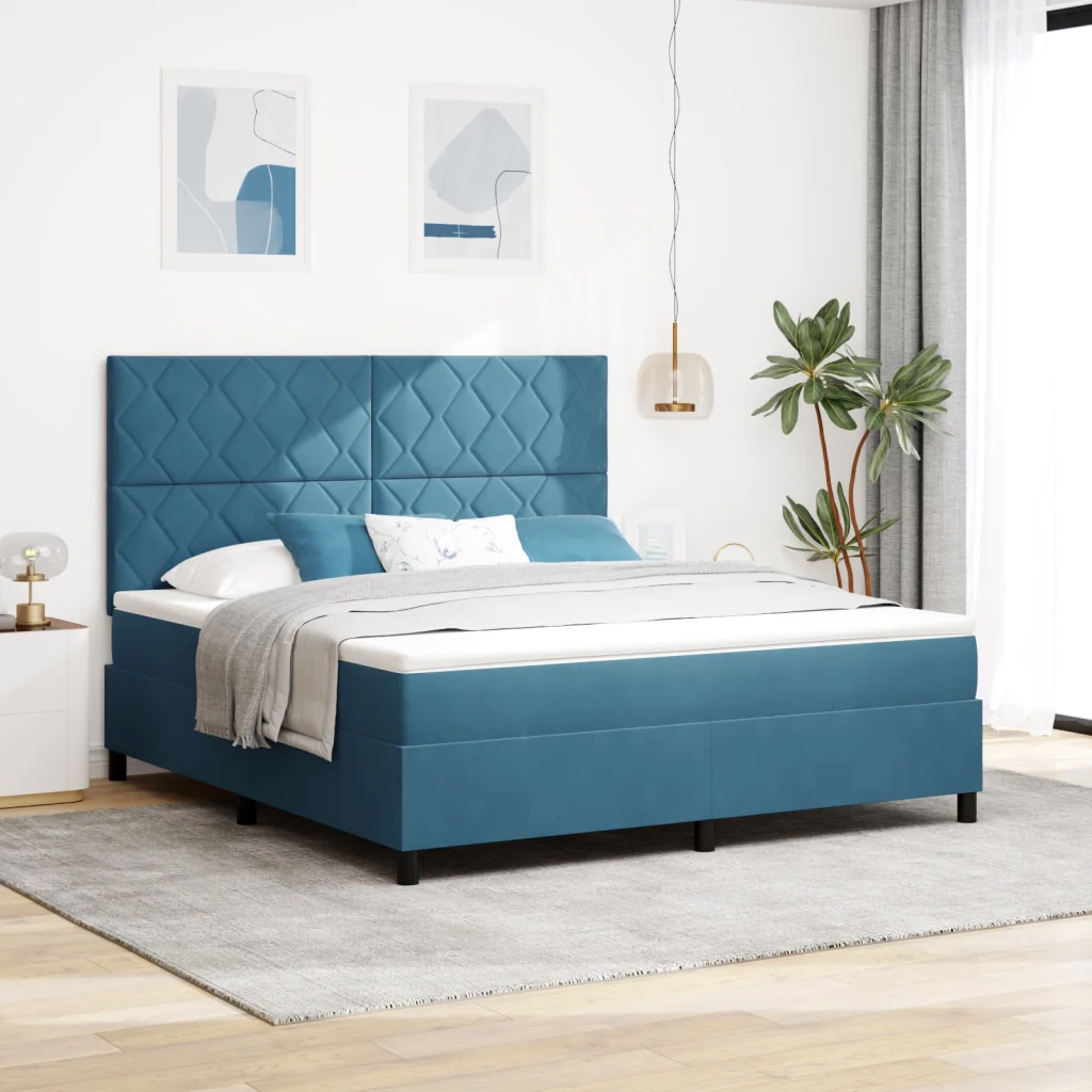 Letto a Rete con Materasso Blu Scuro Super King in Velluto