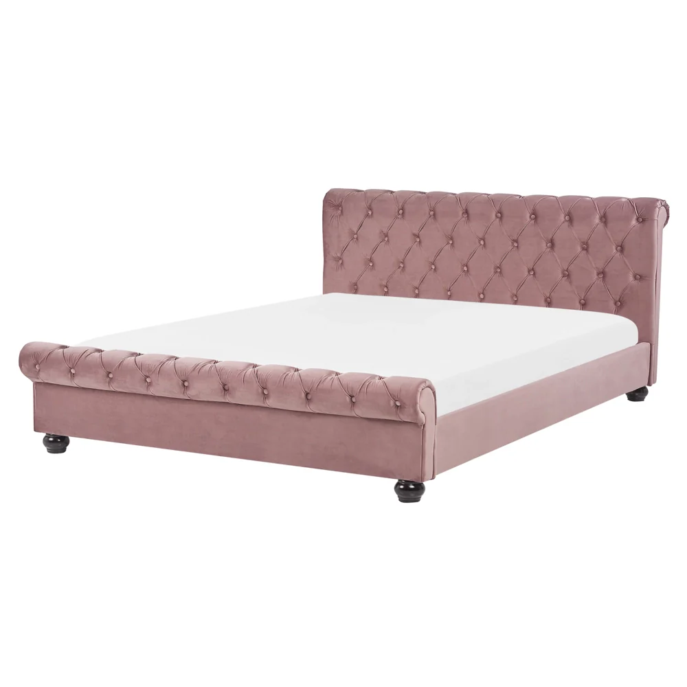 Letto ad acqua in velluto rosa 160 x 200 cm con testiera trapuntata stile glamour