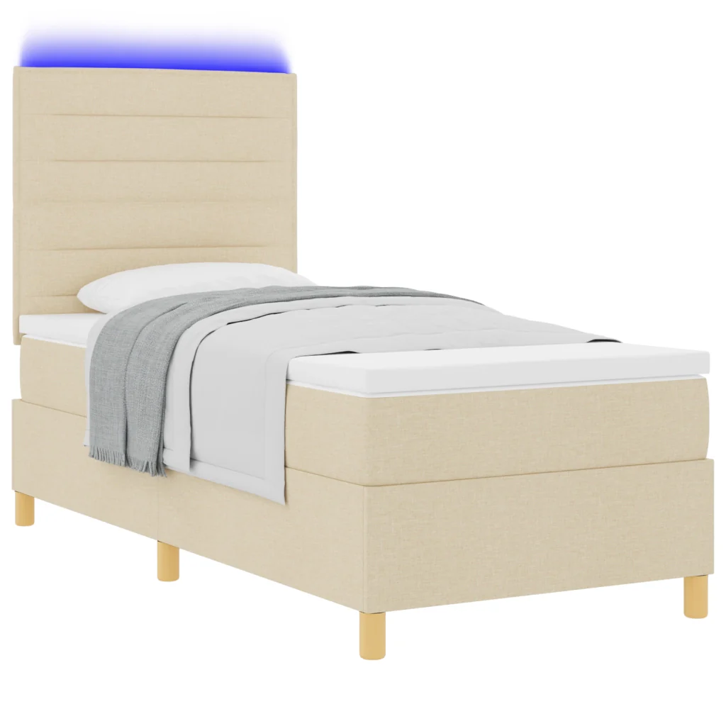 Letto Box Spring con Materasso e LED Crema 90x190 cm Tessuto - Image 3