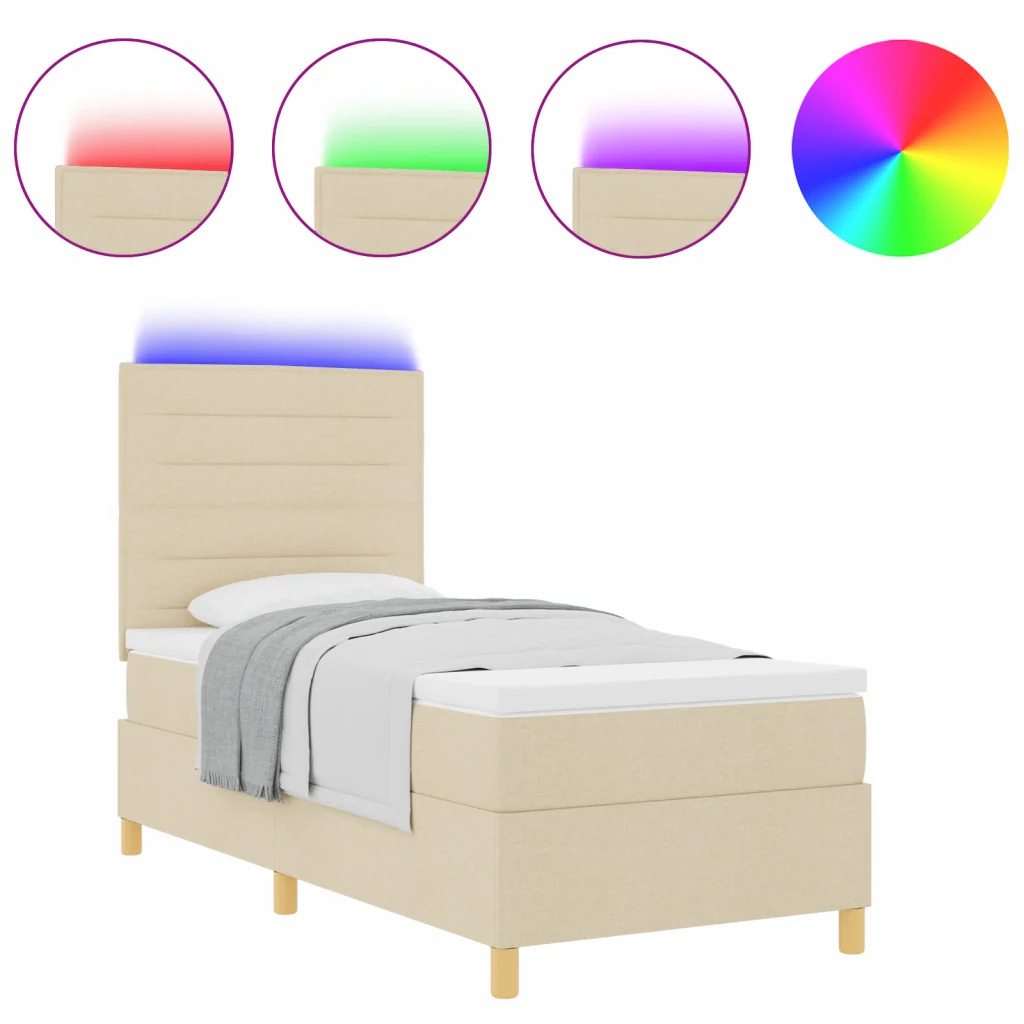 Letto Box Spring con Materasso e LED Crema 90x190 cm Tessuto - Image 4