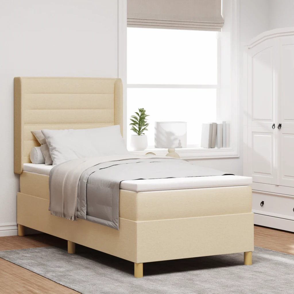 Letto Box Spring con Materasso e LED Panna 90x190 cm Tessuto