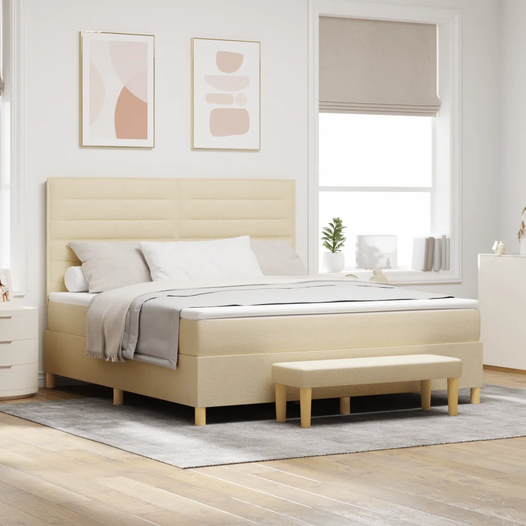 Letto Box Spring con Materasso e Panchina Crema 180x200 cm Tessuto