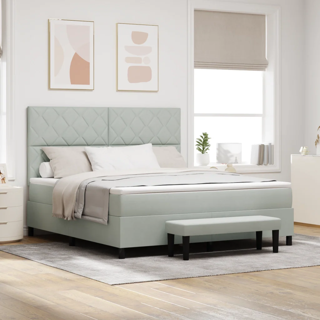Letto Box Spring con Materasso e Panchina Grigio Chiaro 180x200 cm in Velluto