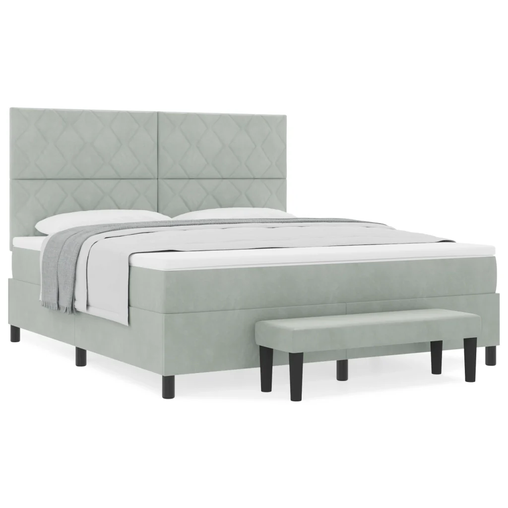 Letto Box Spring con Materasso e Panchina Grigio Chiaro 180x200 cm in Velluto - Image 4