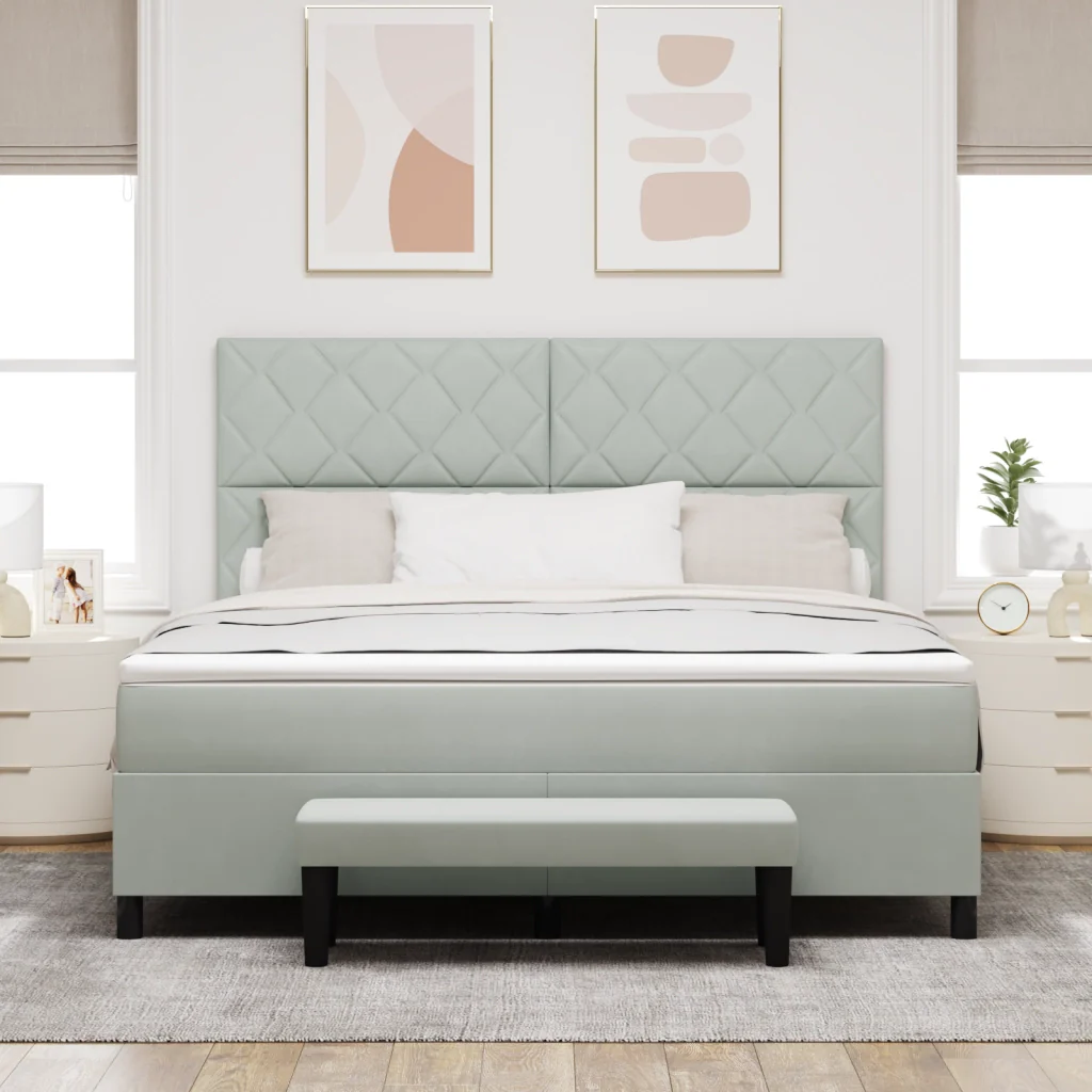 Letto Box Spring con Materasso e Panchina Grigio Chiaro 180x200 cm in Velluto - Image 5