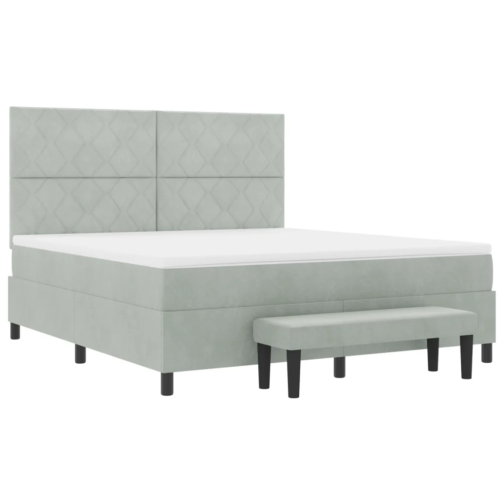 Letto Box Spring con Materasso e Panchina Grigio Chiaro 180x200 cm in Velluto - Image 8