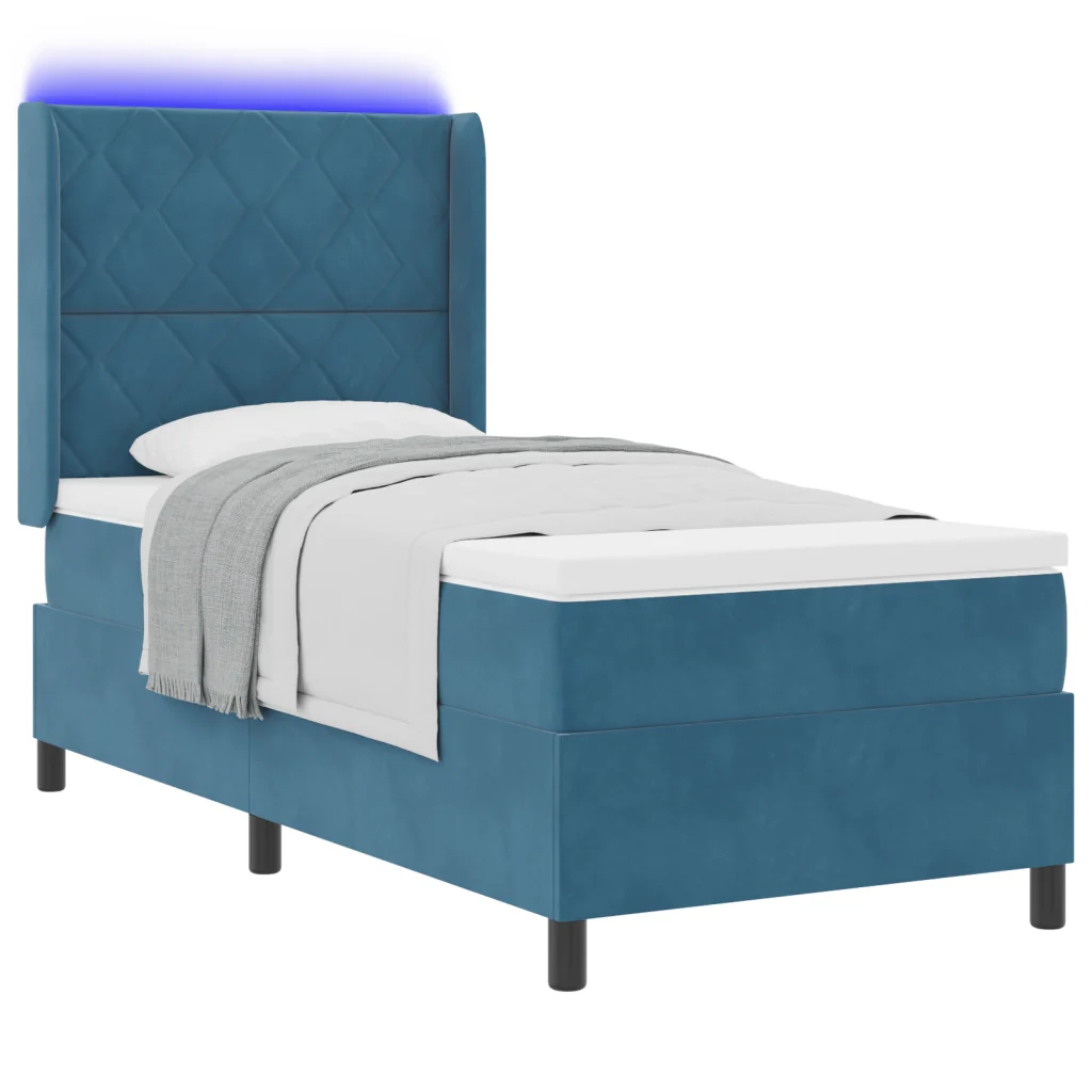 Letto Box Spring con Materasso & LED Blu Scuro 90x190 cm Velluto - Image 3