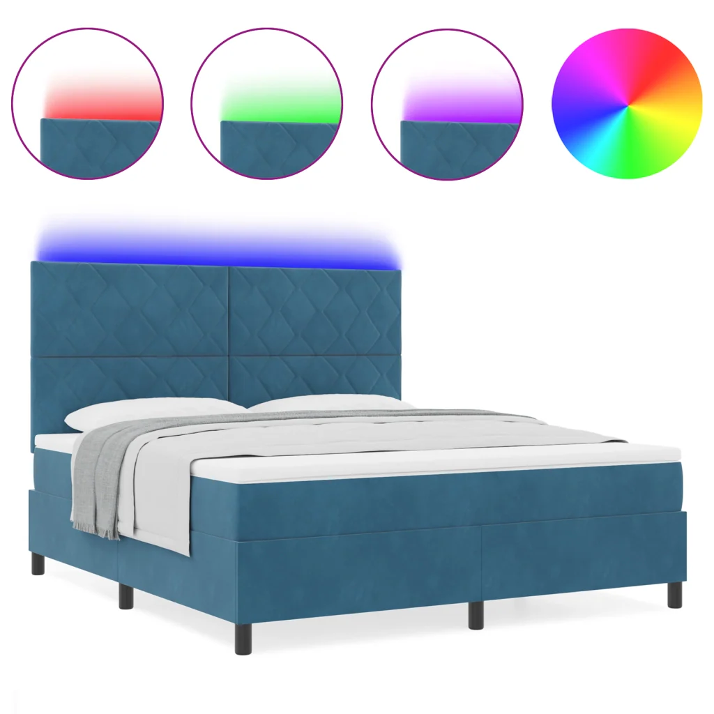 Letto con Box Spring e Materasso & LED Blu Scuro 180x200 cm Velluto - Image 4